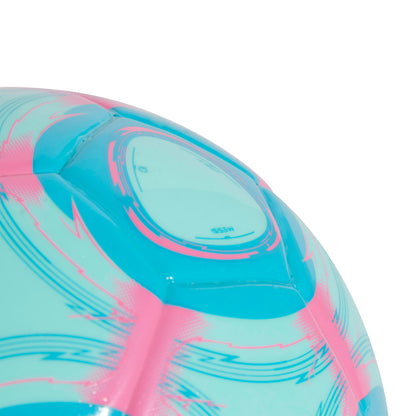 Close-up of Adidas pink and blue mini soccer ball with pink and blue patterns on a white background