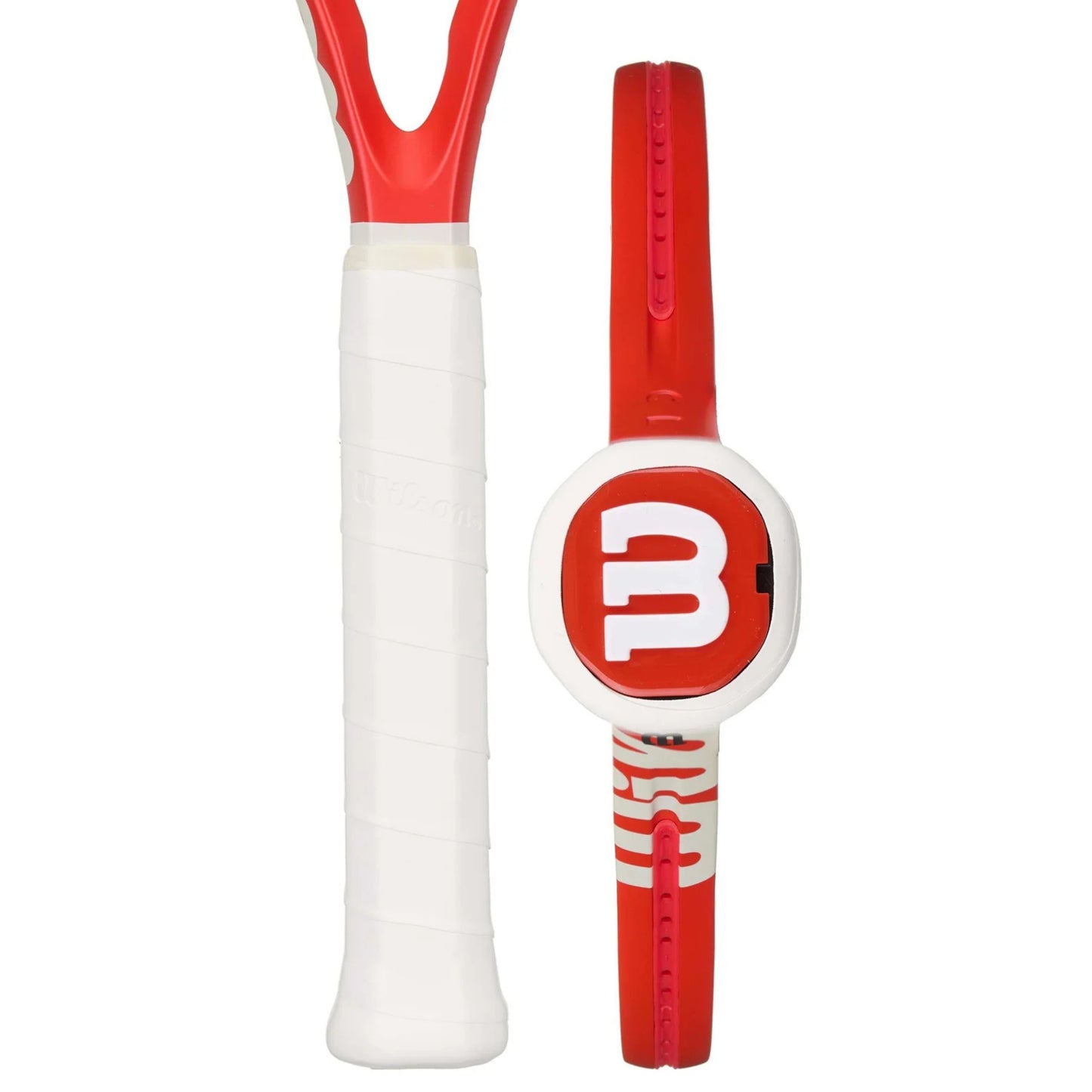 Red and white tennis racket with a visible brand logo on a white background
