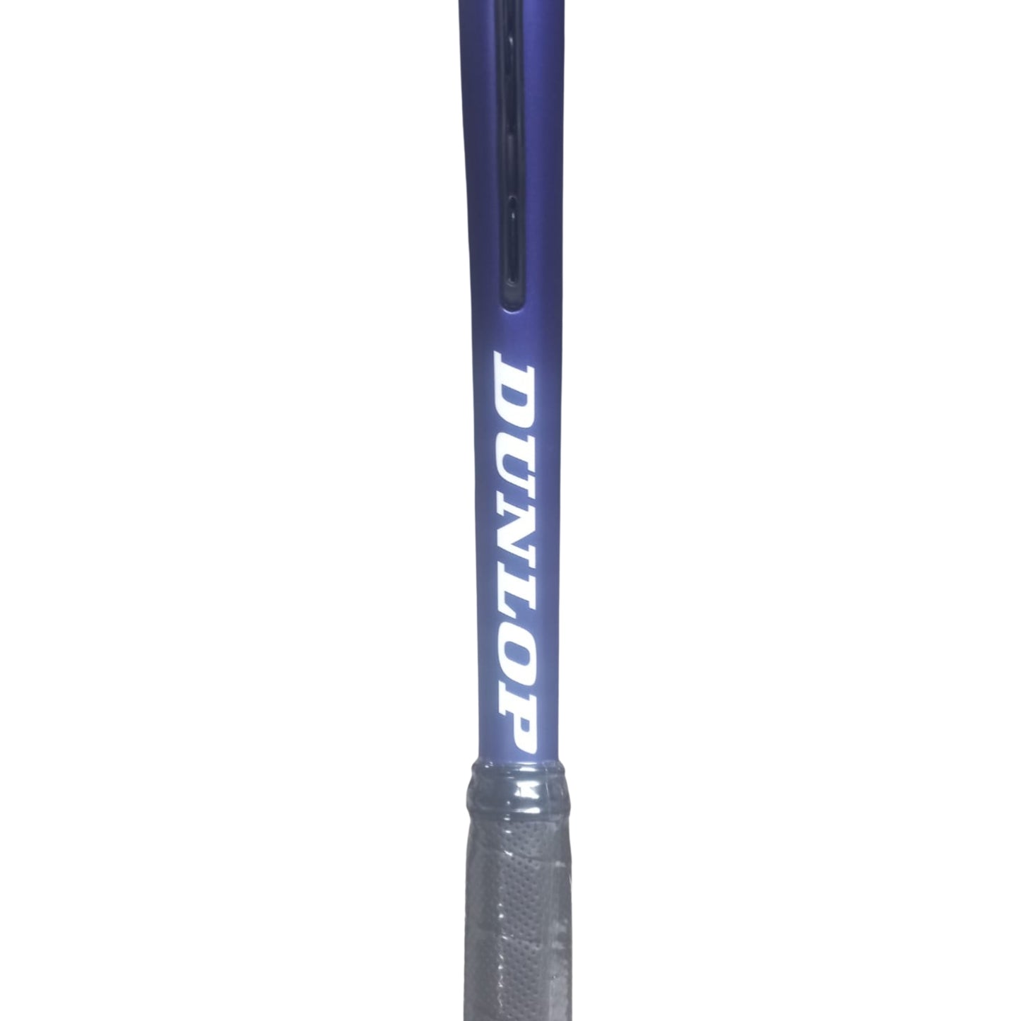 Close-up of a Dunlop golf tennis shaft in metallic blue with white DUNLOP branding, showing part of the textured gray grip against a plain white background.