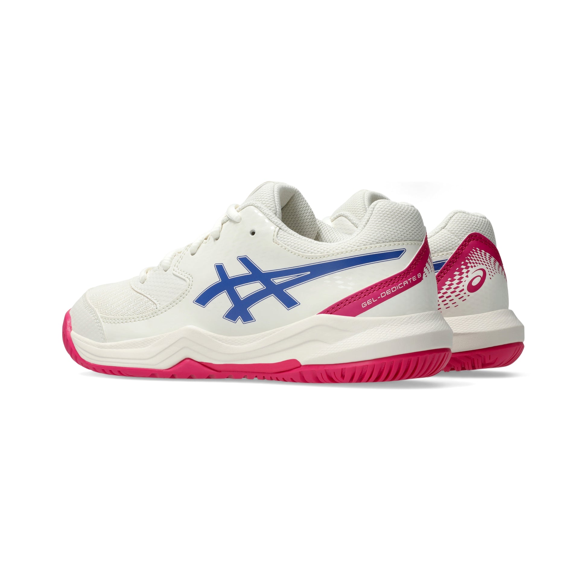 White Asics tennis shoes with blue logo and pink soles on a white background