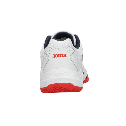 White tennis shoe with red sole and Joma logo on a white background