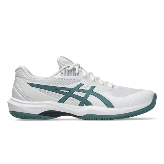 A white Asics tennis shoe with a dark teal stripe logo and matching teal outsole, shown in a side profile on a white background.