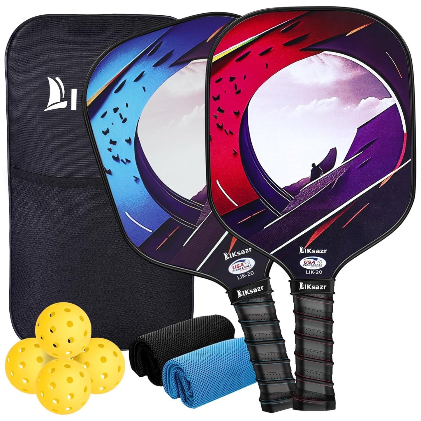 LIKSAZR PICKLEBALL SET 2 BATS + 4 BALLS + 2 TOWELS