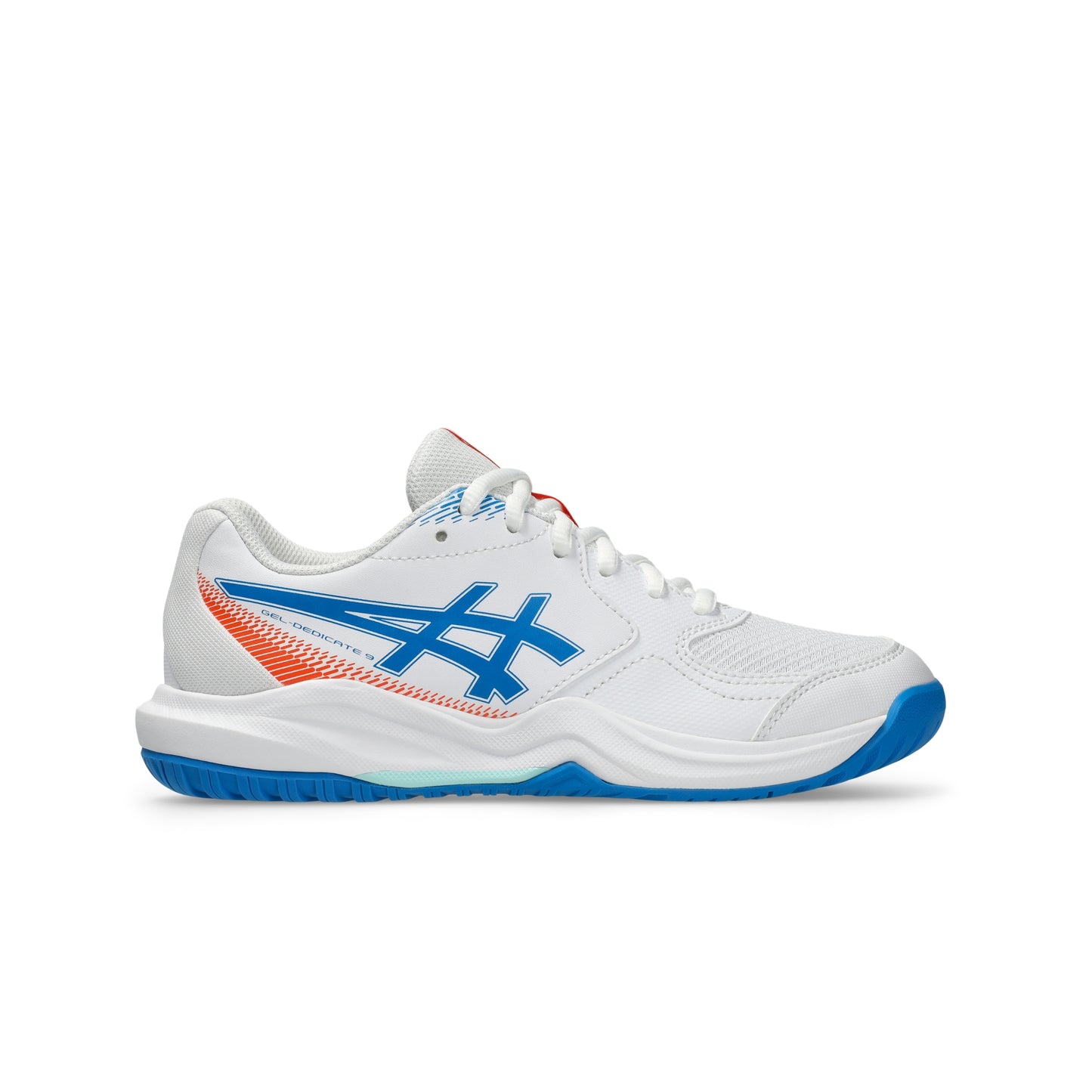 A white ASICS tennis shoe with a blue side stripe logo, an orange and blue heel accent, and a blue outsole, shown in a side profile on a white background.