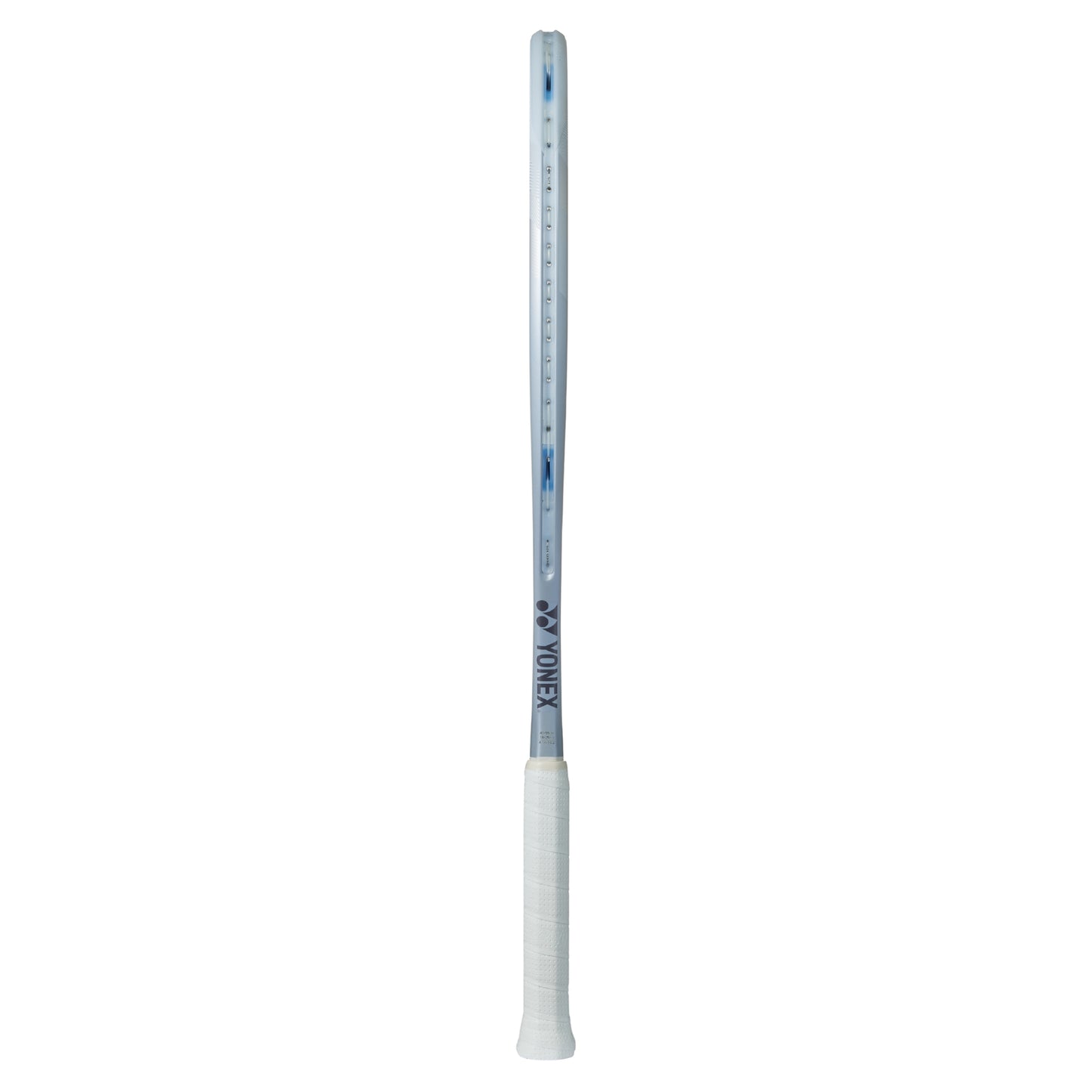 Gray Yonex tennis racket with a white handle and on a white background
