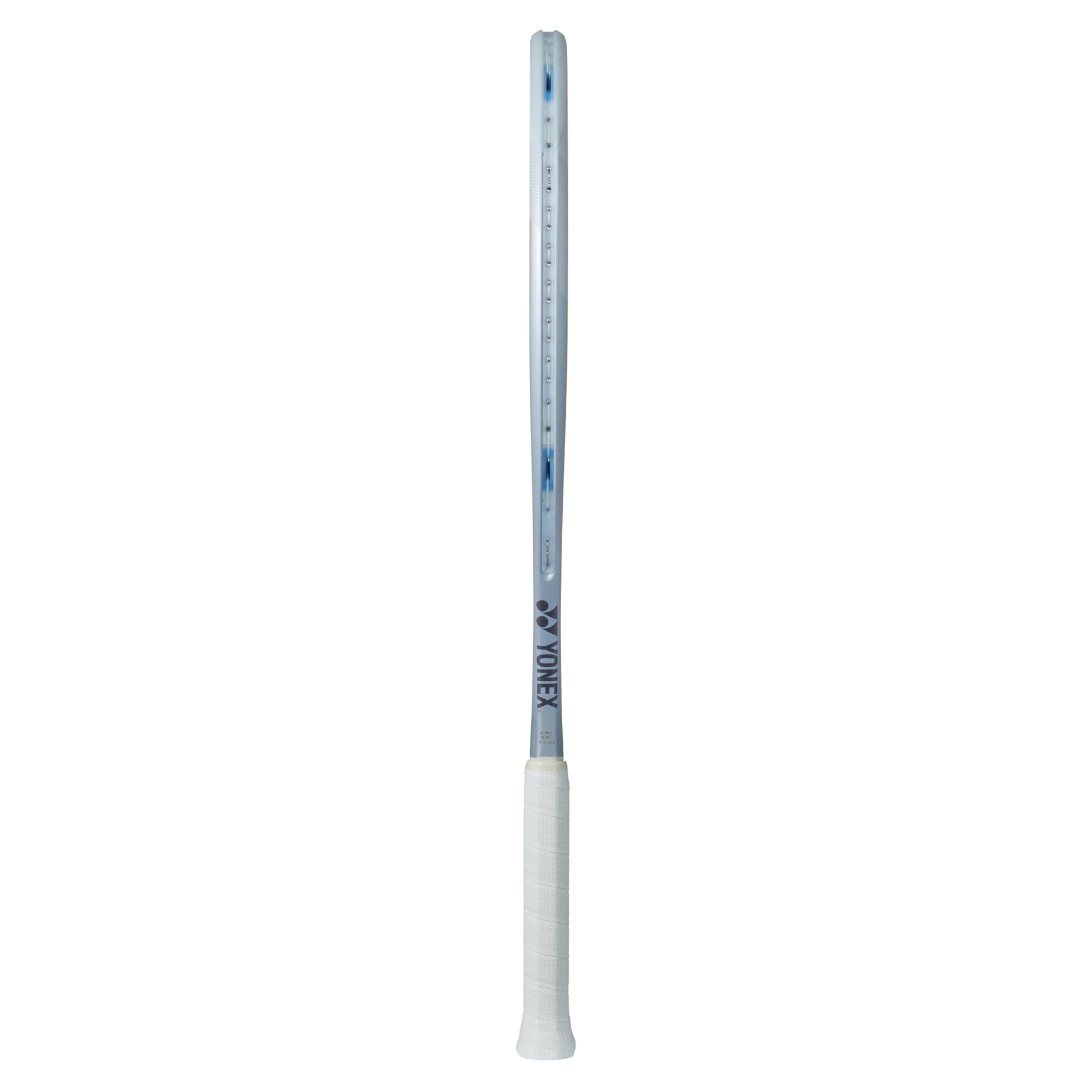 Gray Yonex tennis racket with a white handle and on a white background