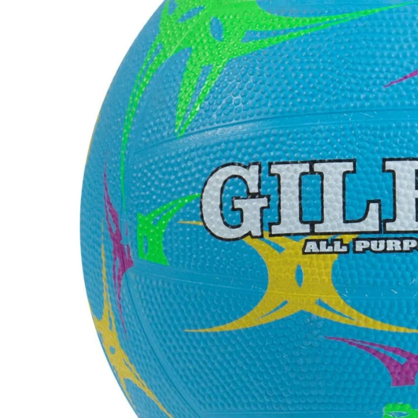 Gilbert blue netball ball with colorful patterns and 'Gilbert' branding on a white background 