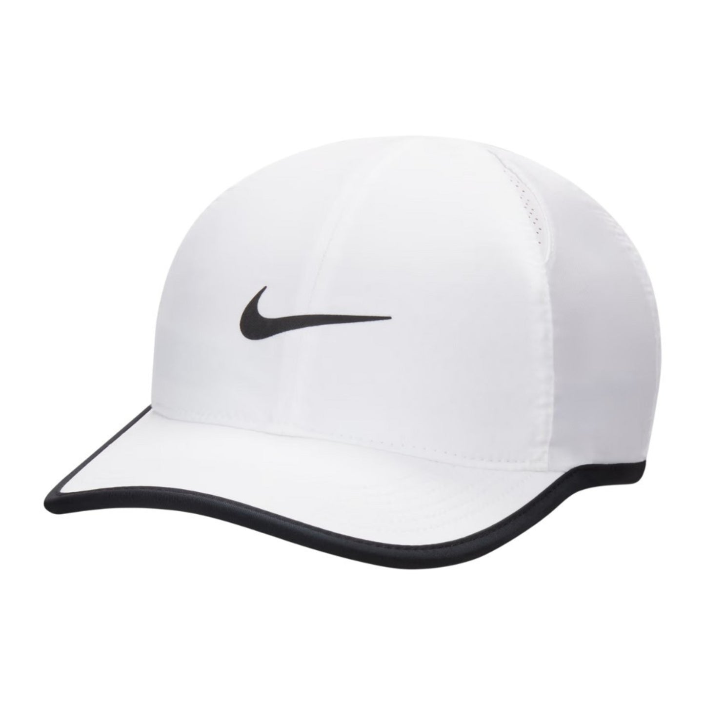 White Nike cap with black logo on a white background