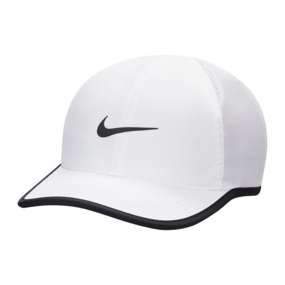 White Nike cap with black logo on a white background