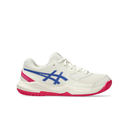 White Asics tennis with blue and pink accents on a white background
