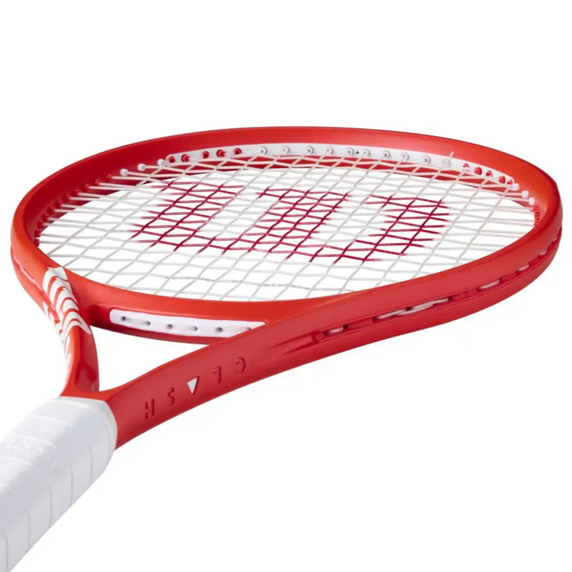 Red tennis racket with white strings on a white background