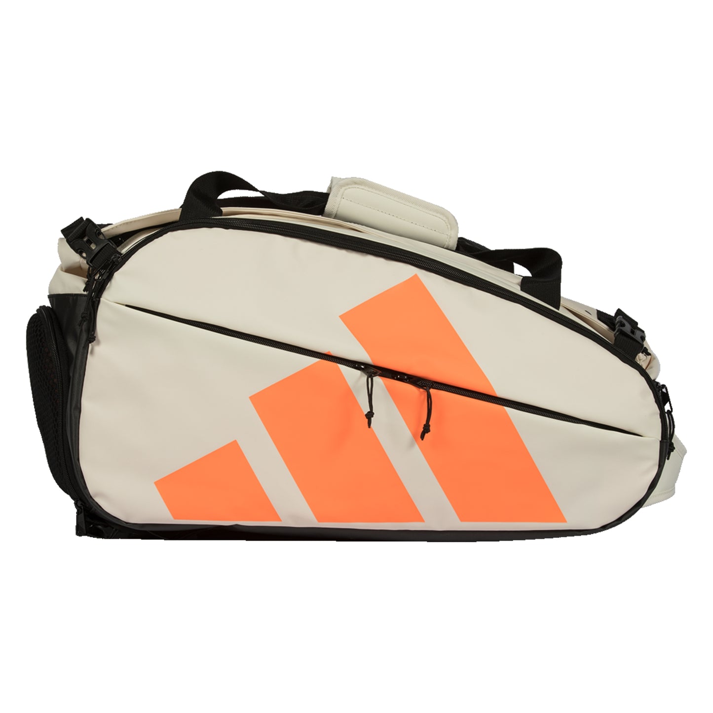 White tennis bag with orange Adidas logo on a white background