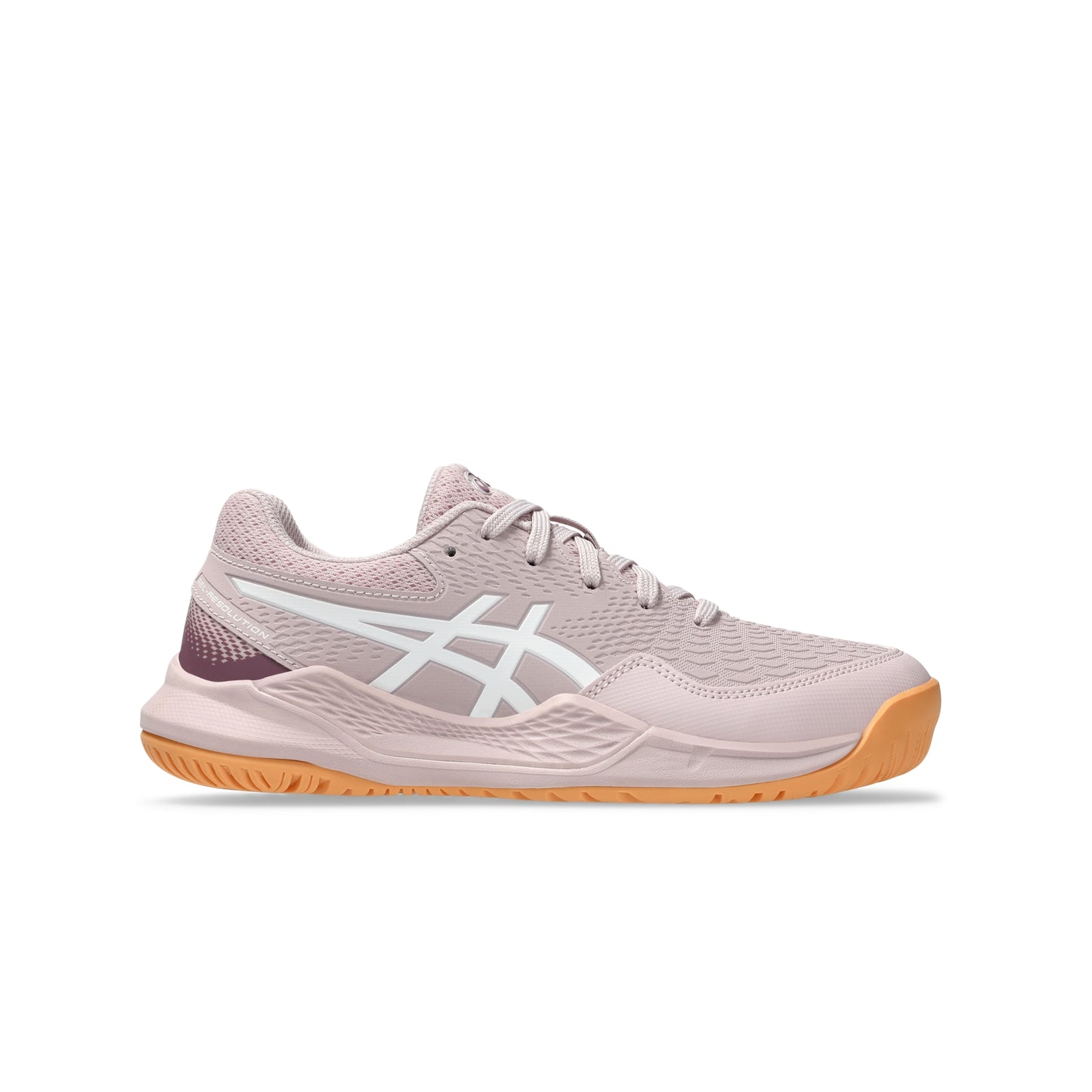 Pink Asics tennis shoe with white logo on a white background