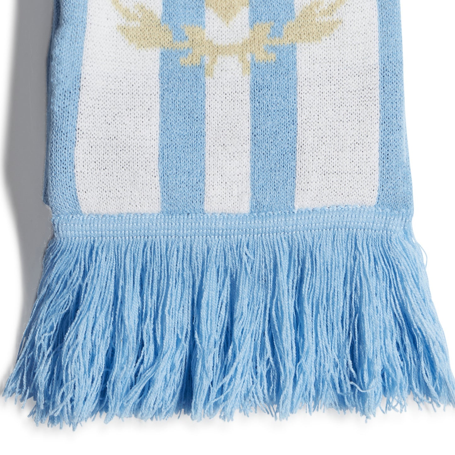 Blue and white scarf with fringes and a logo on a white background