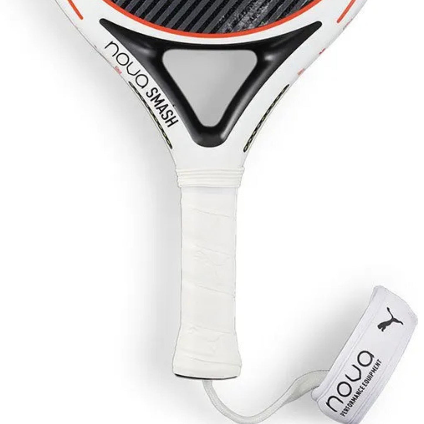 White padel racket with black and red accents on a white background