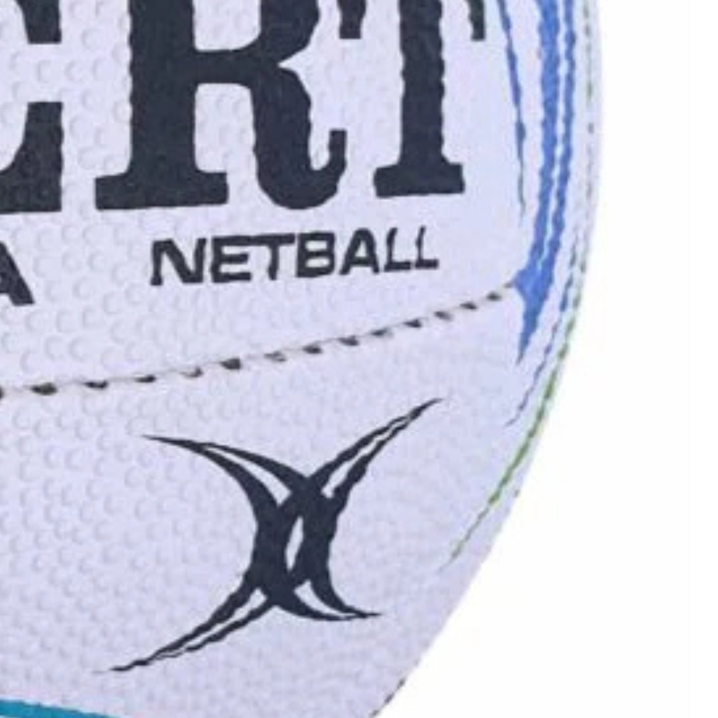 Close-up of a netball with branding and text on a white background