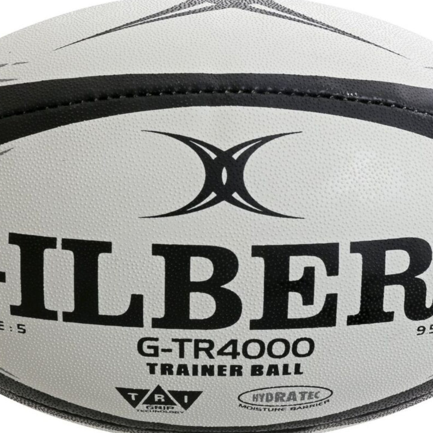 Gilbert white rugby ball with black text and logo on a white background