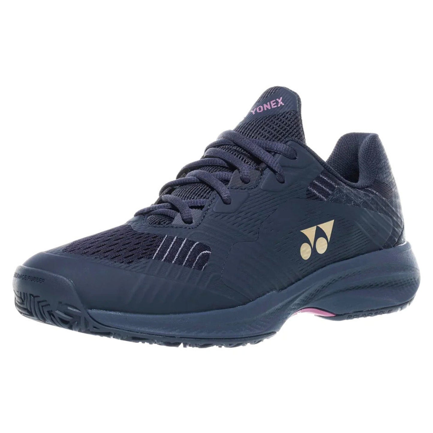 Navy blue Yonex tennis shoe with brand logo on a white background