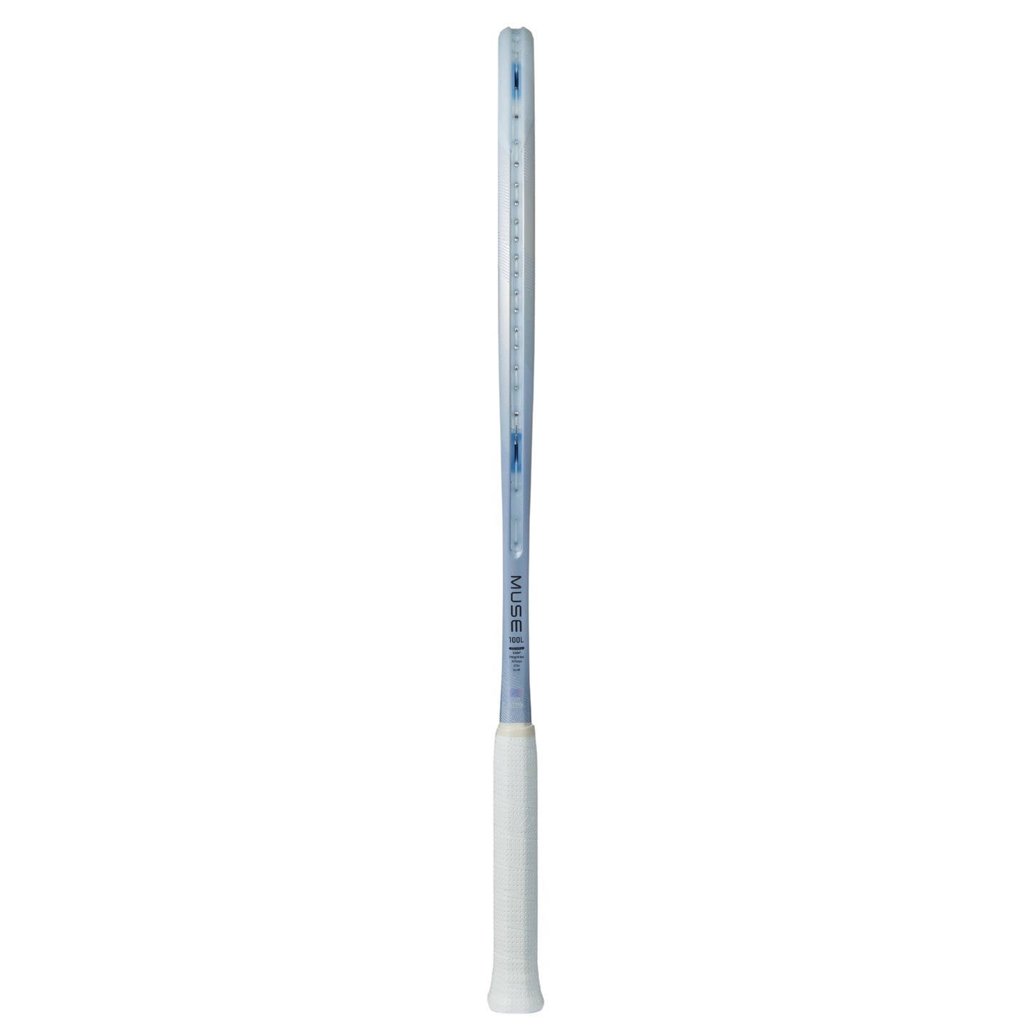 Yonex Silver tennis racket with a white handle on a white background