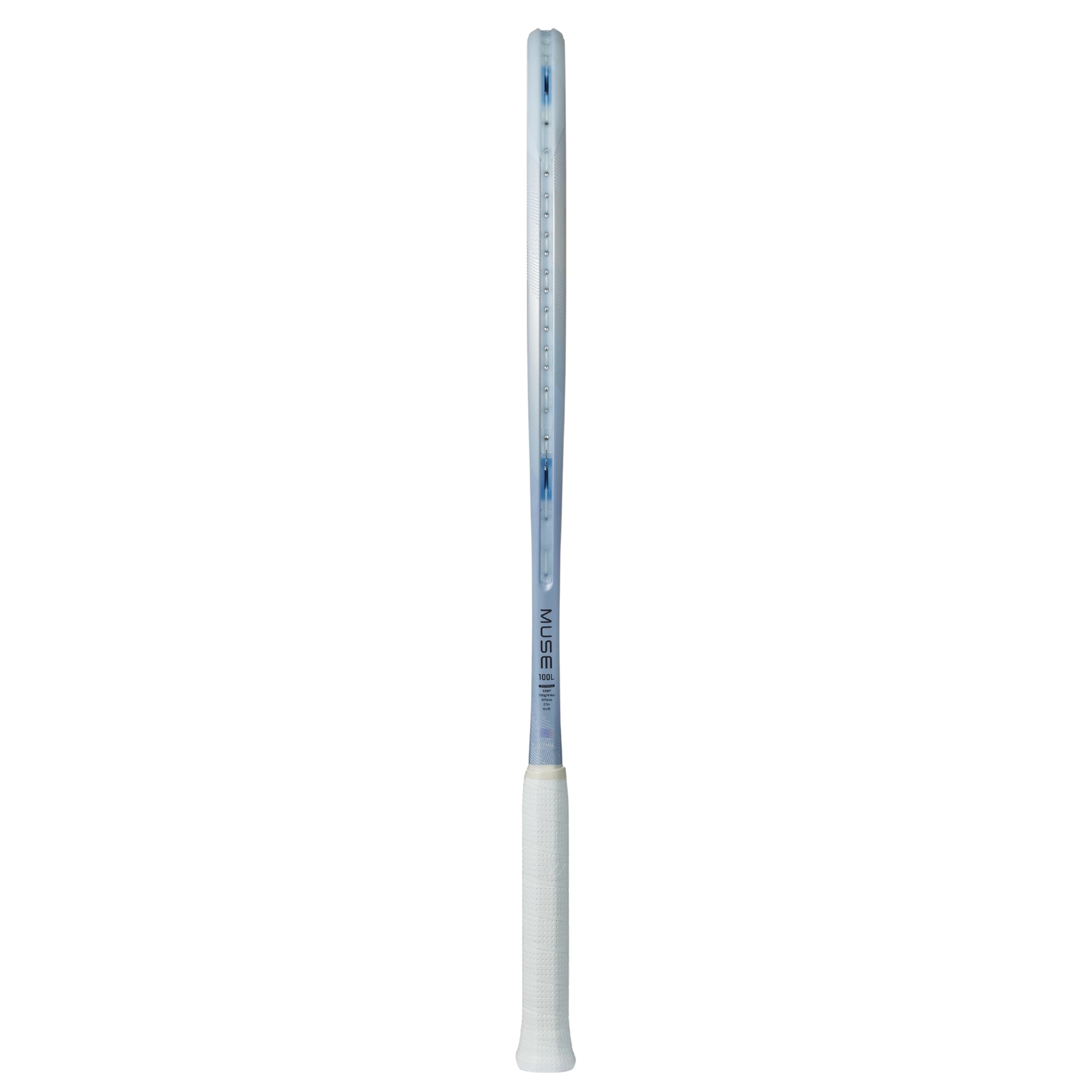 Yonex Silver tennis racket with a white handle on a white background