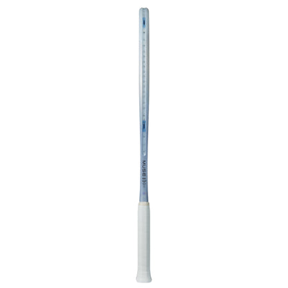 Yonex Silver tennis racket with a white handle on a white background