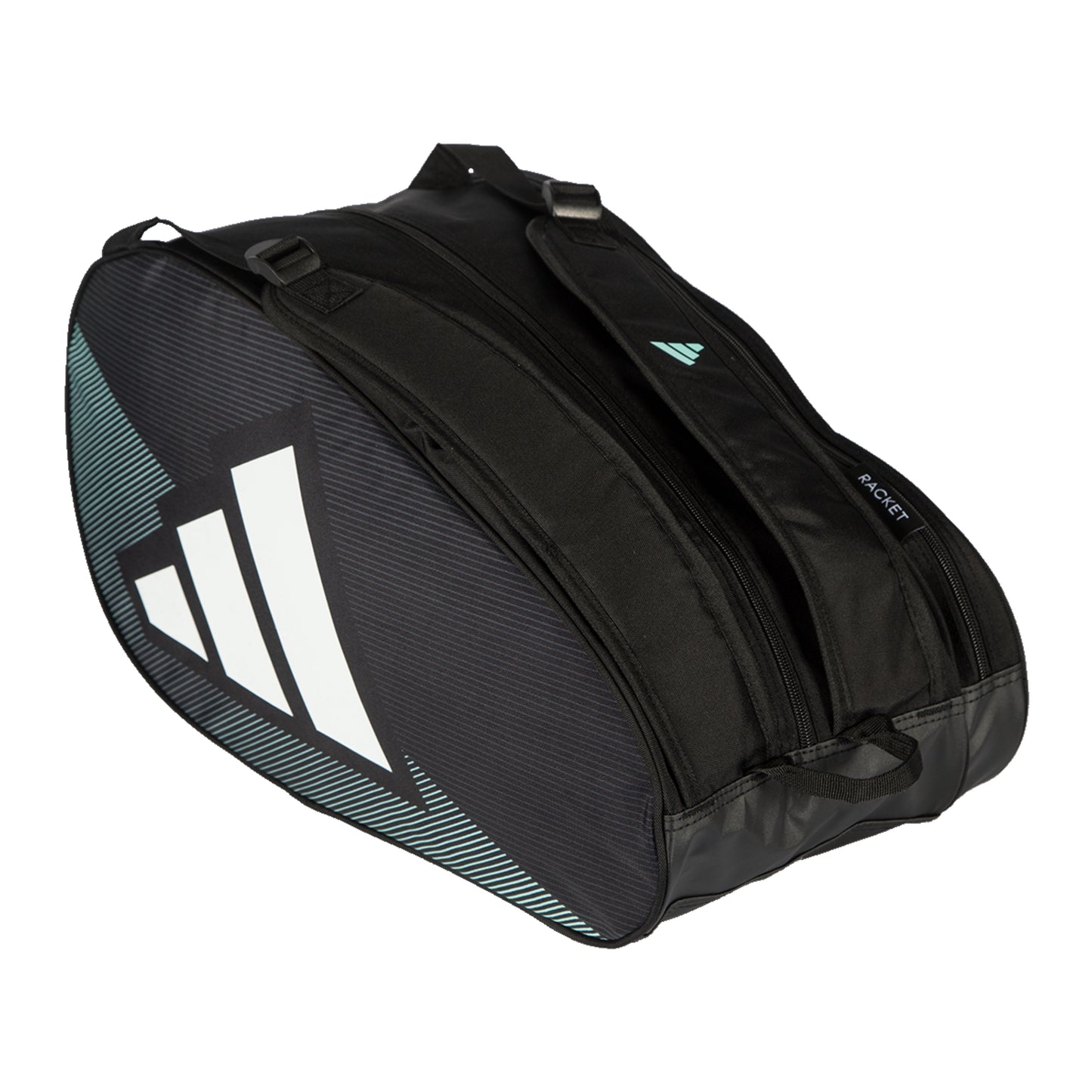 Black tennis bag with Adidas logo on a white background
