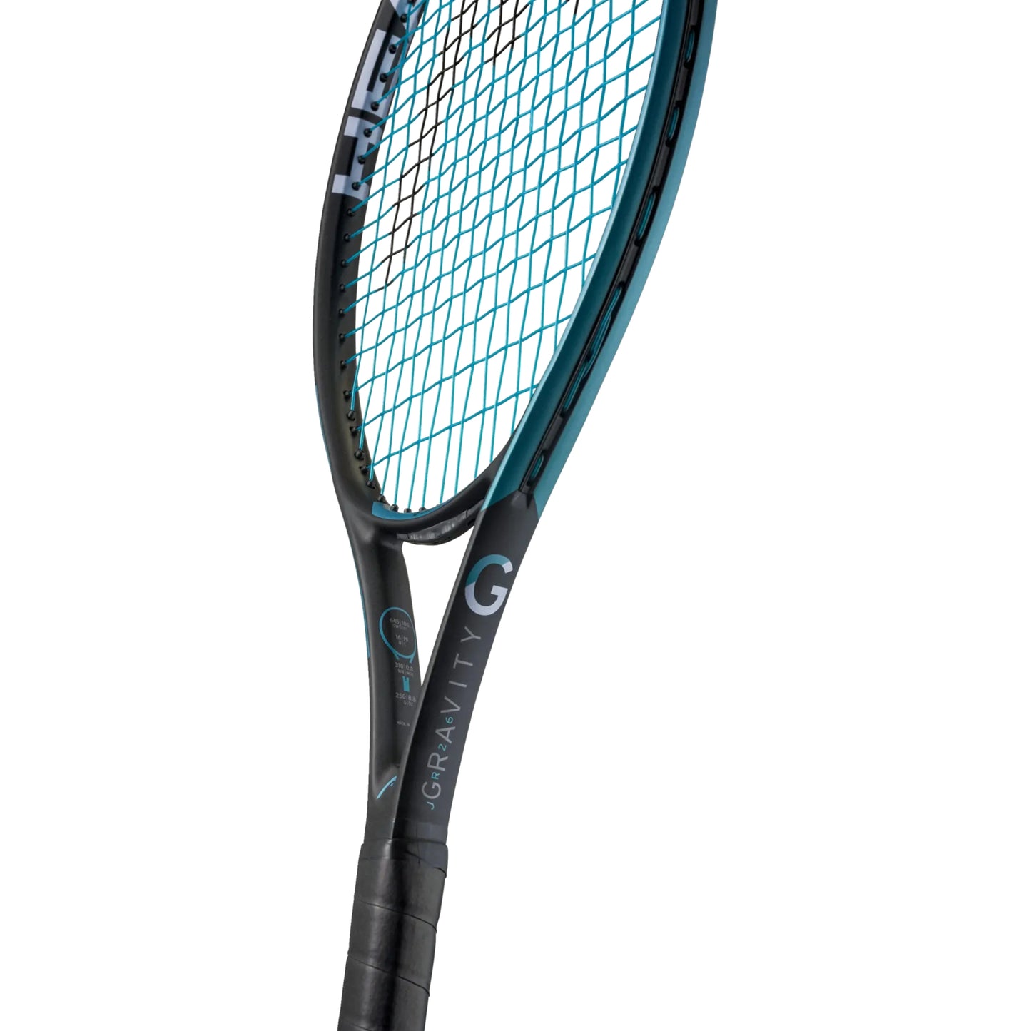 Close-up of a tennis racket with a white background