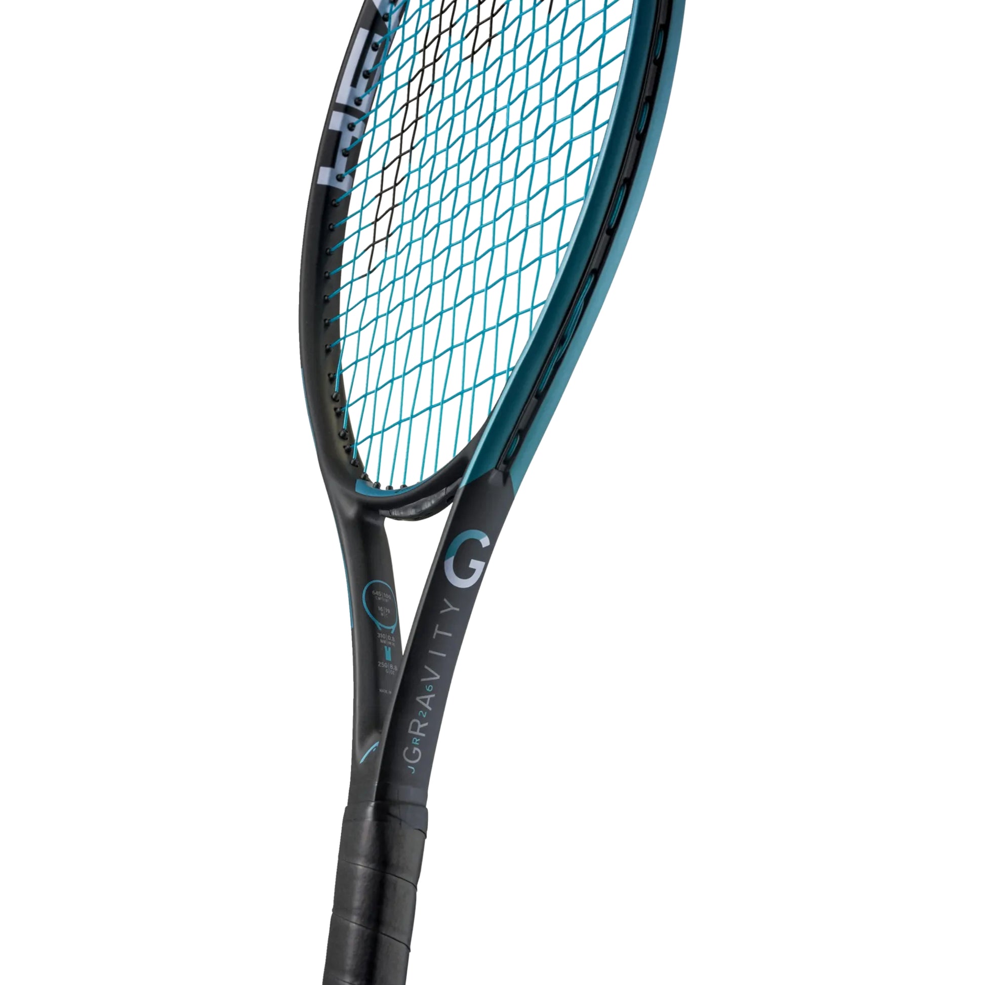 Close-up of a tennis racket with a white background