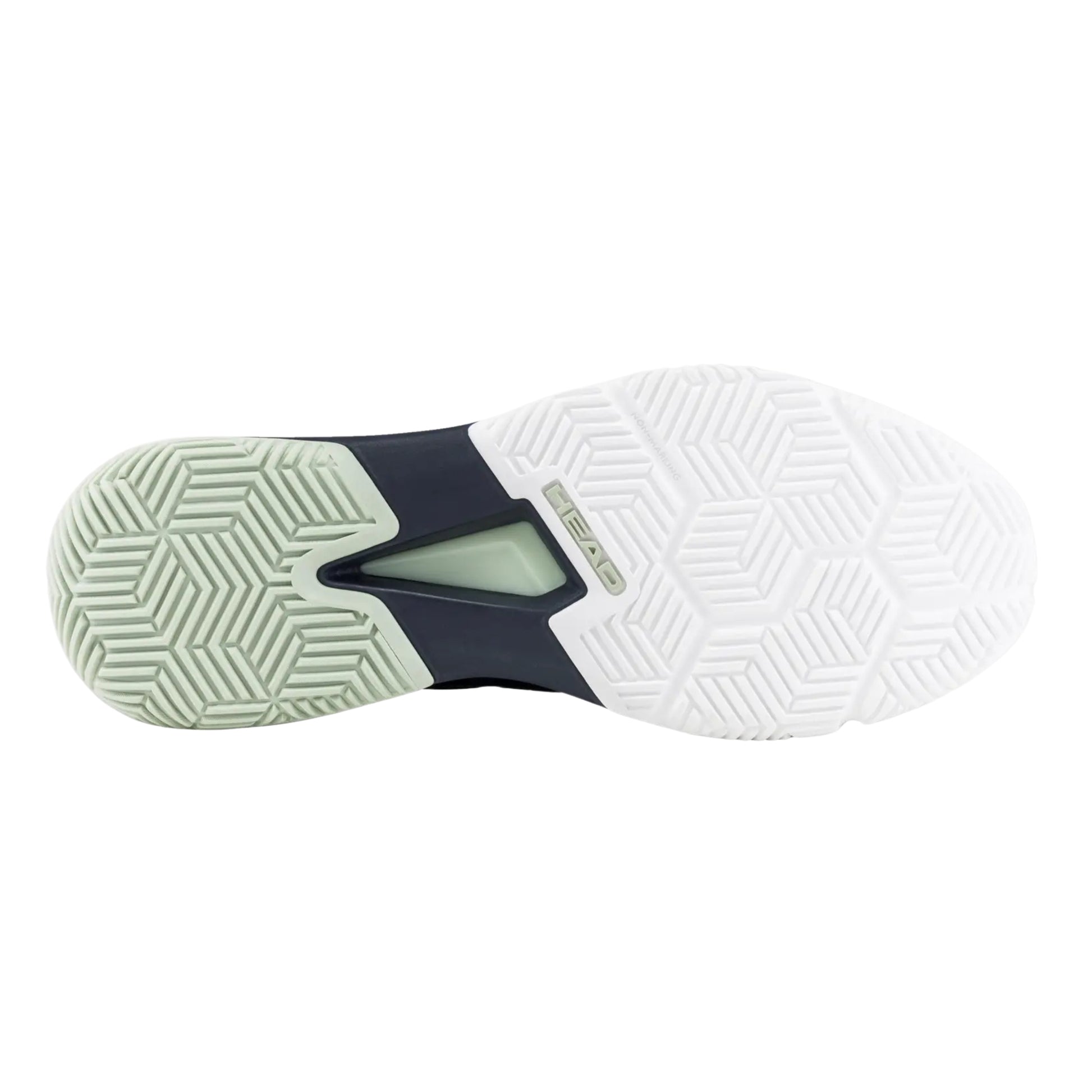 Close-up of a shoe sole with a brand logo on a white background