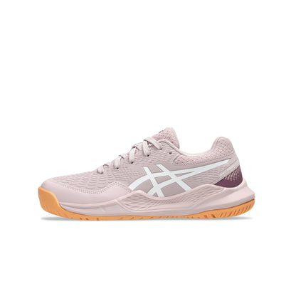 Light pink Asics tennis shoe with white logo on a white background