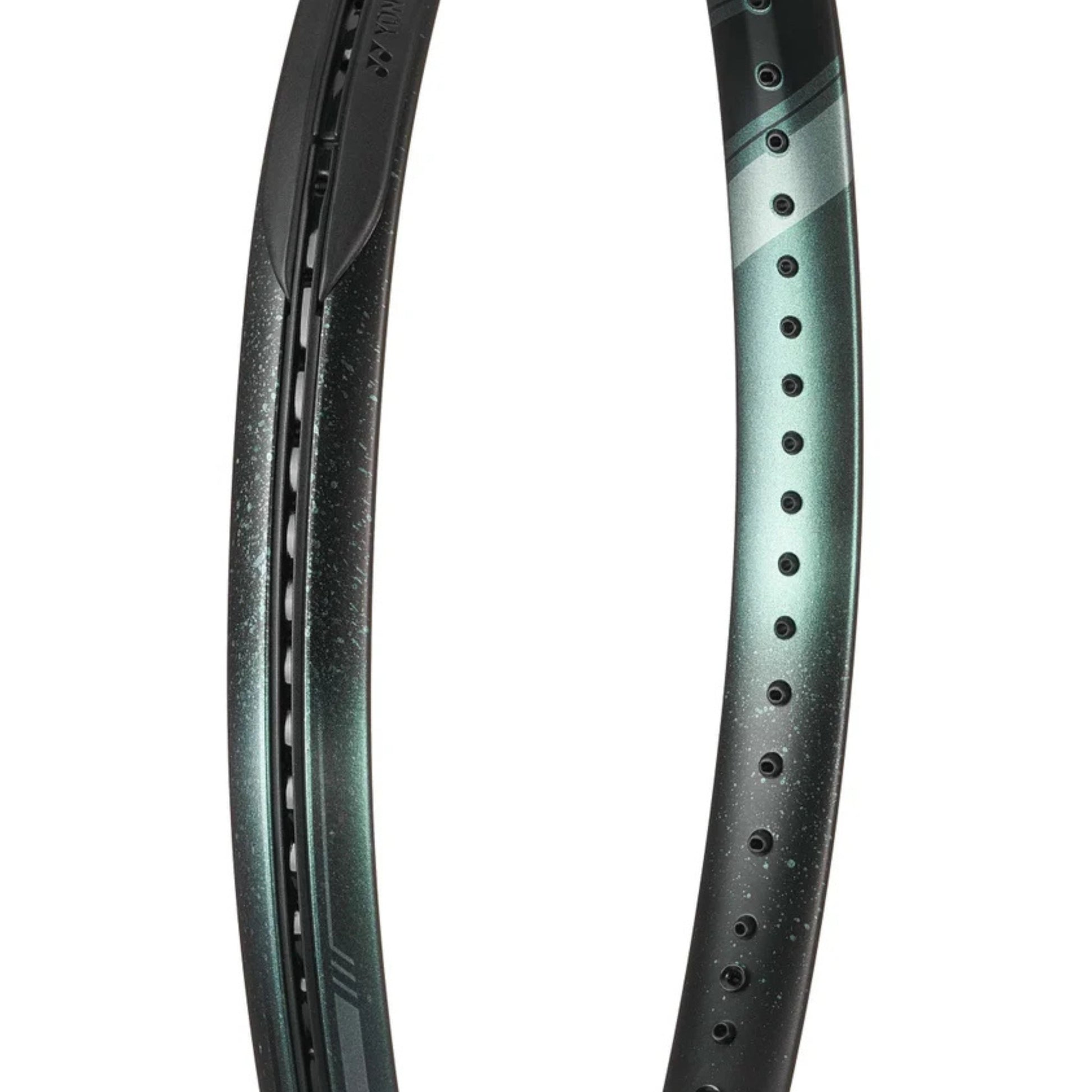 Close-up of a black and green Yonex racket