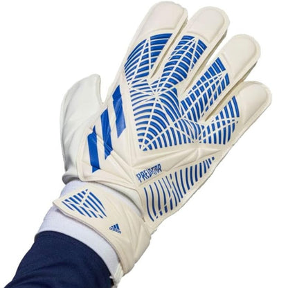 White goalkeeper glove with blue patterns and Adidas logo on a white background
