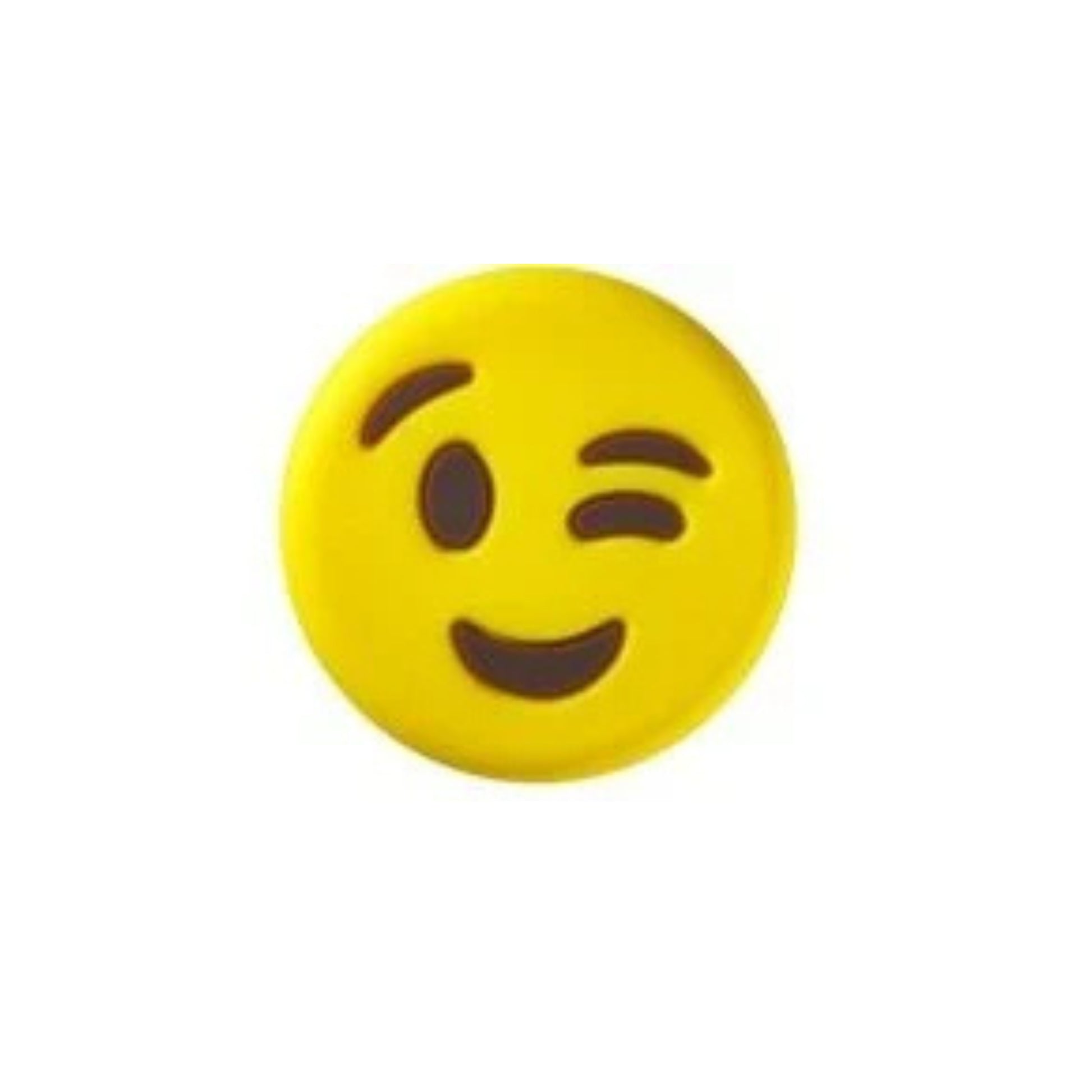 Yellow emoji dampener with winking eyes on a white background