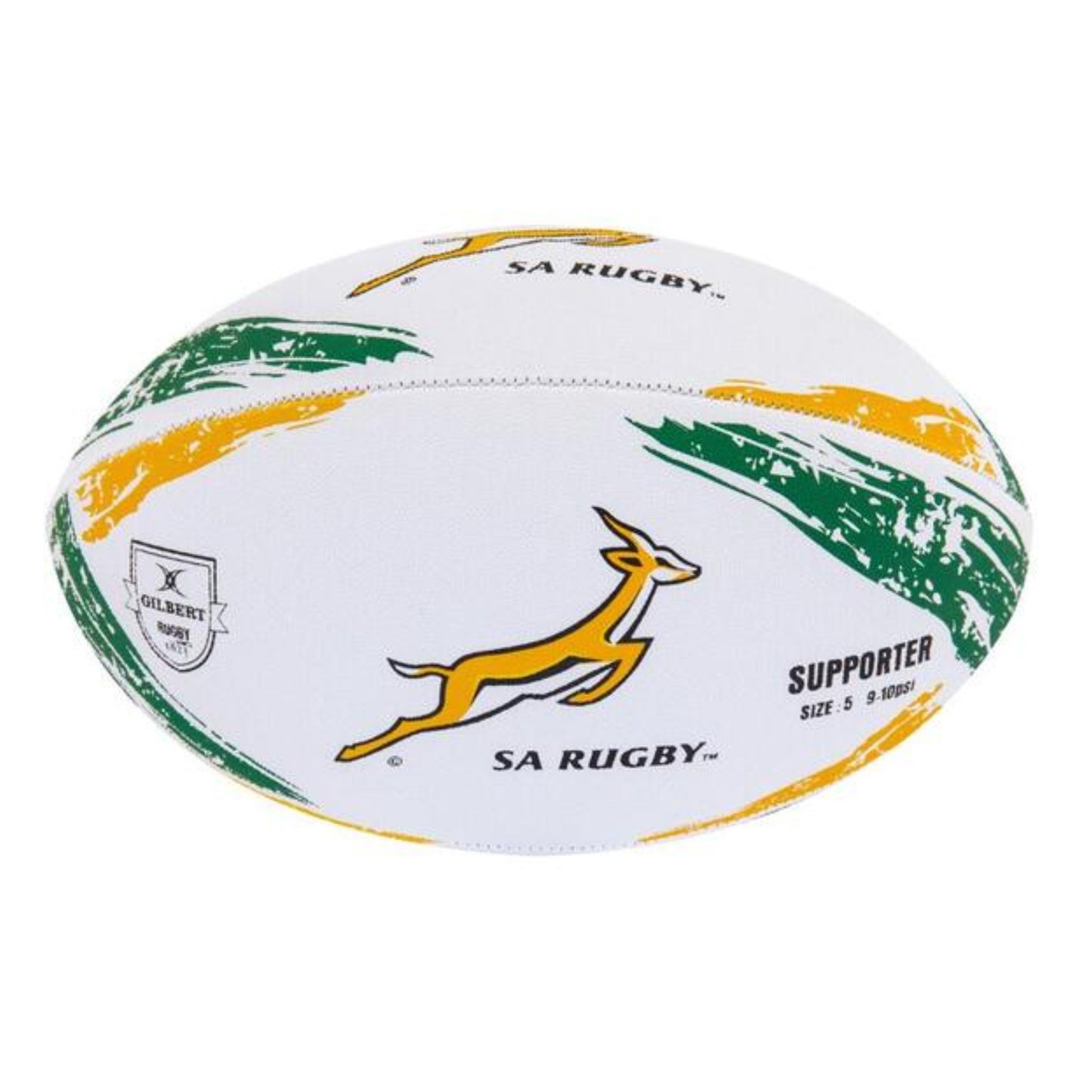 Gilbert white rugby ball with green and yellow accents featuring SA Rugby branding on a white background