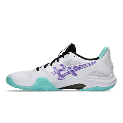 ASICS BLADE FF 2 tennis shoe in white with purple and black accents, featuring a light teal outsole, shown in a side profile on a white background.