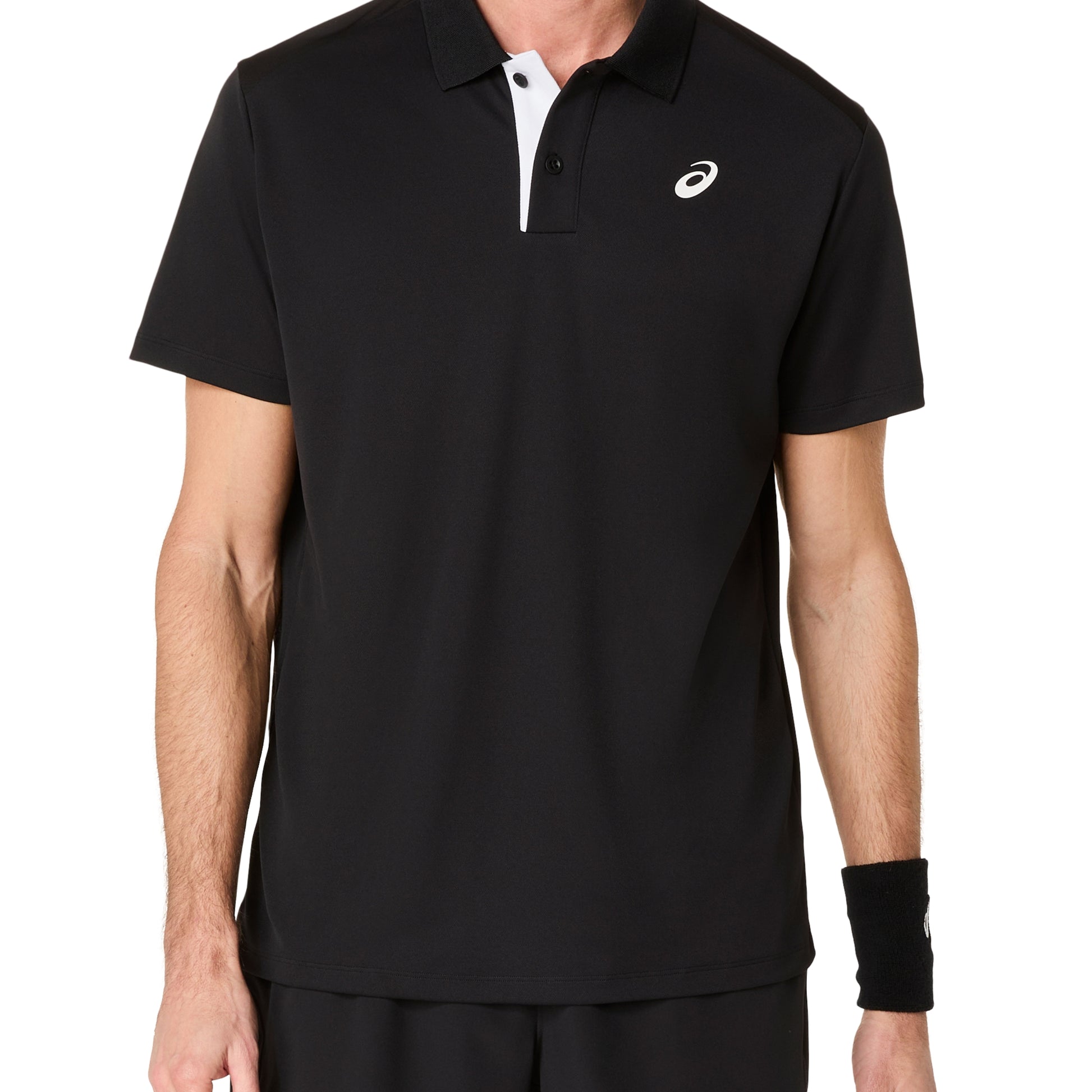 Black polo shirt with a brand logo on a white background