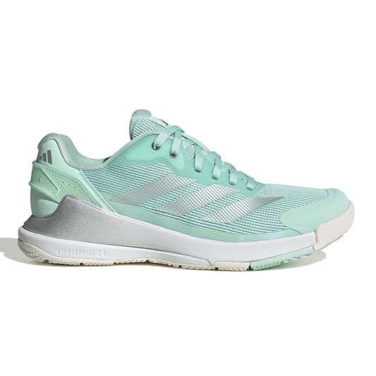 A mint green and silver Adidas athletic shoe with a white sole, shown from a side profile view on a white background.