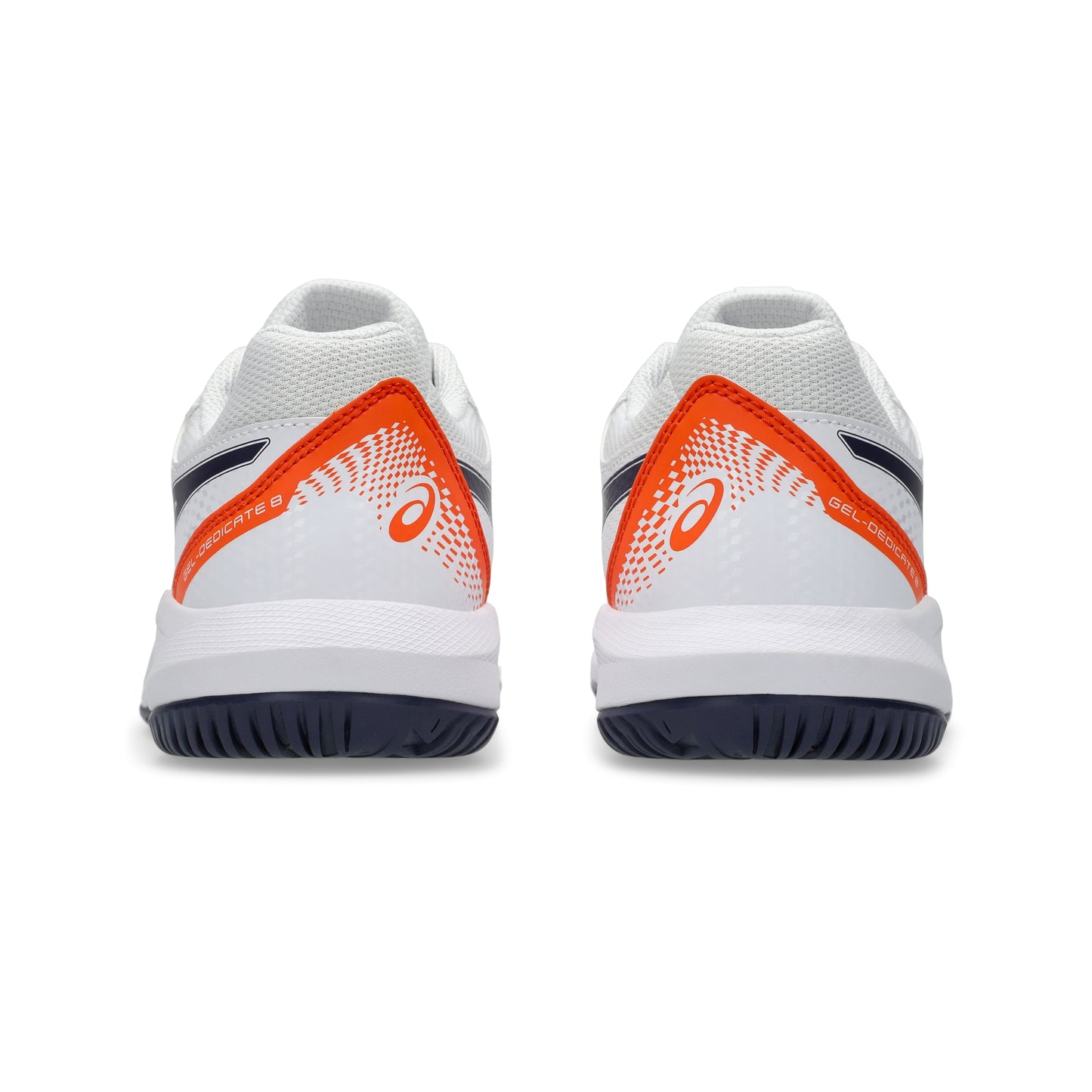 White Asics tennis shoes with orange and blue design on a white background