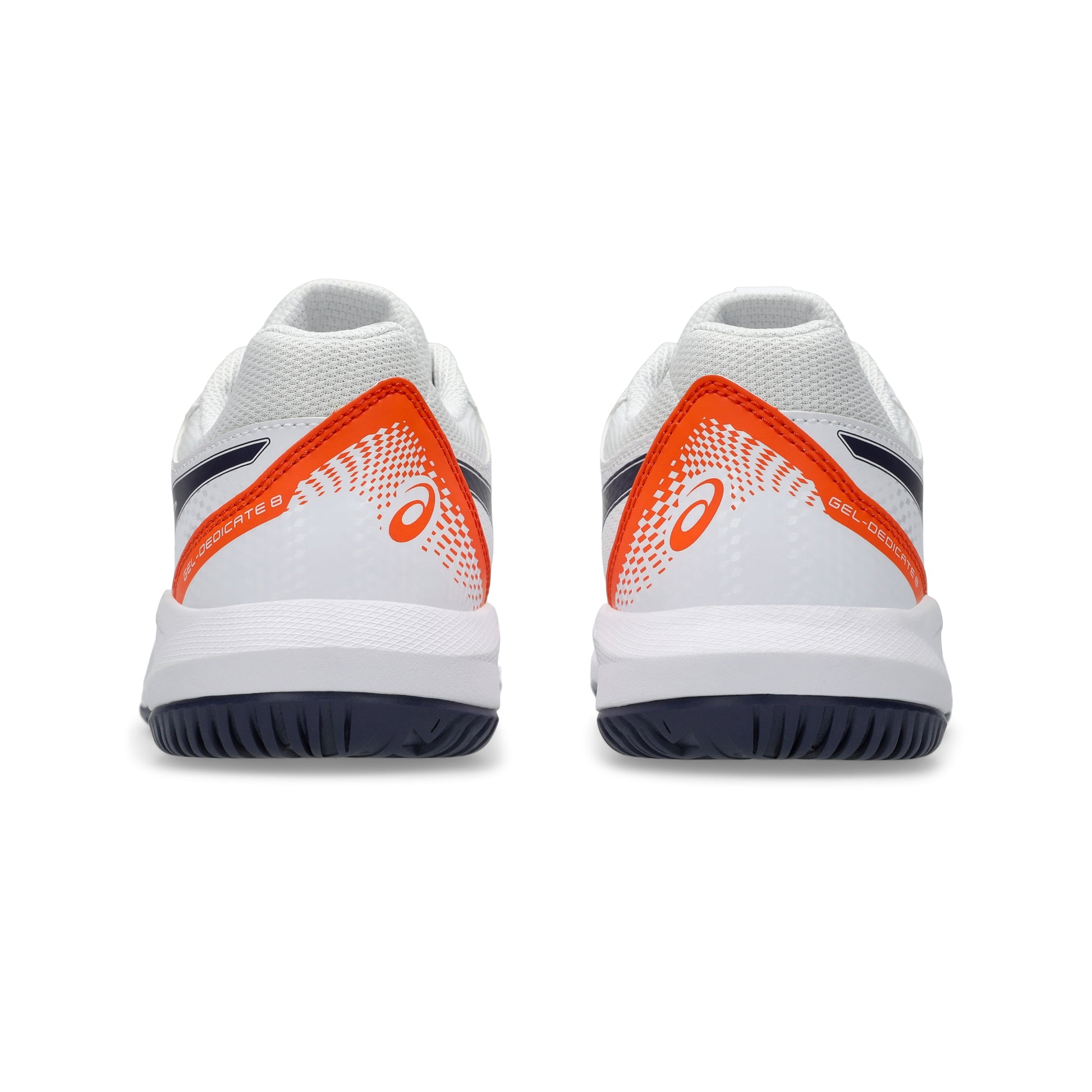 White Asics tennis shoes with orange and blue design on a white background