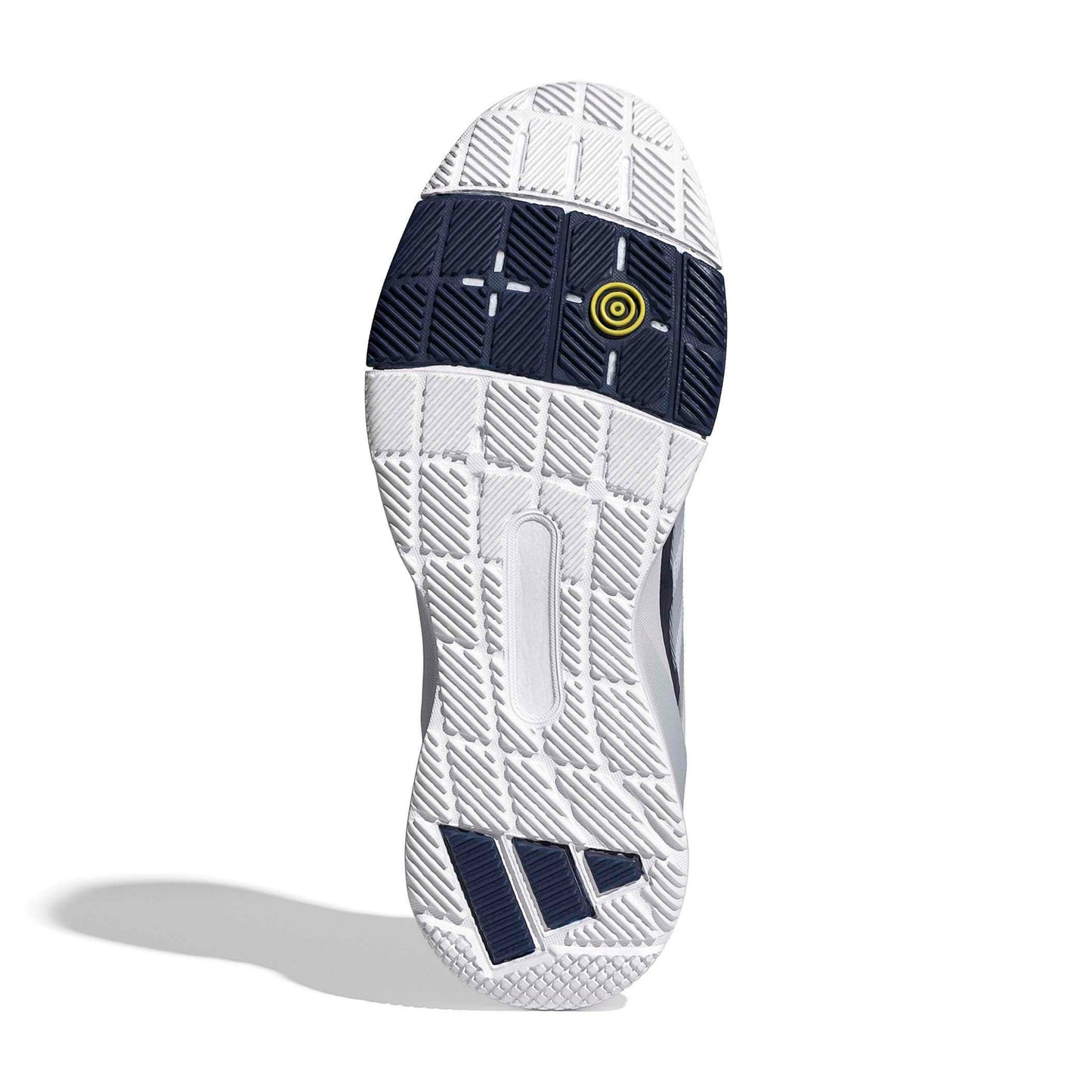 A single Adidas padel shoe shown from a top-down view with a white and navy shoe sole on a white background with a soft shadow. The shoe is primarily white with a dark navy blue.