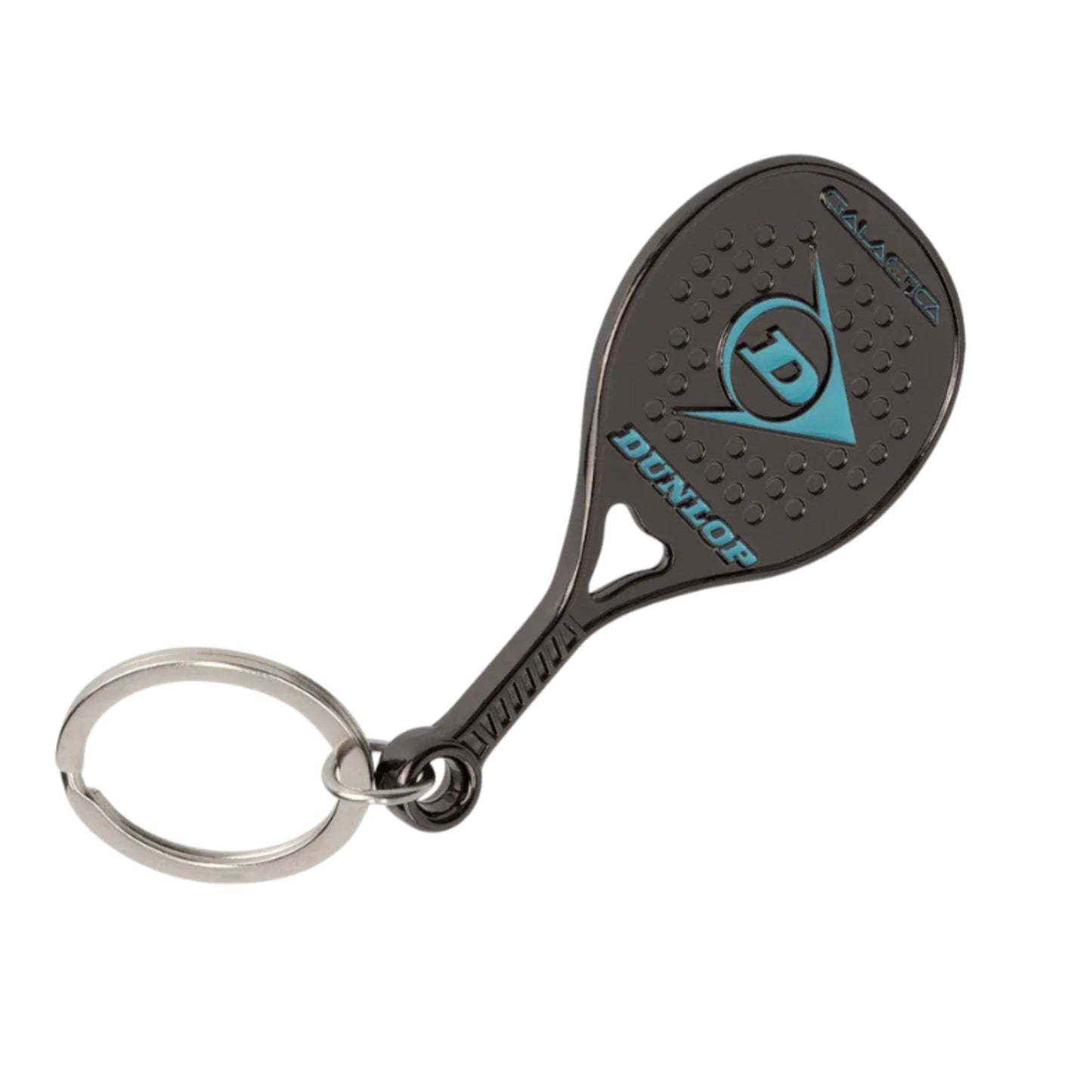 Black and blue Dunlop padel keychain on a white background