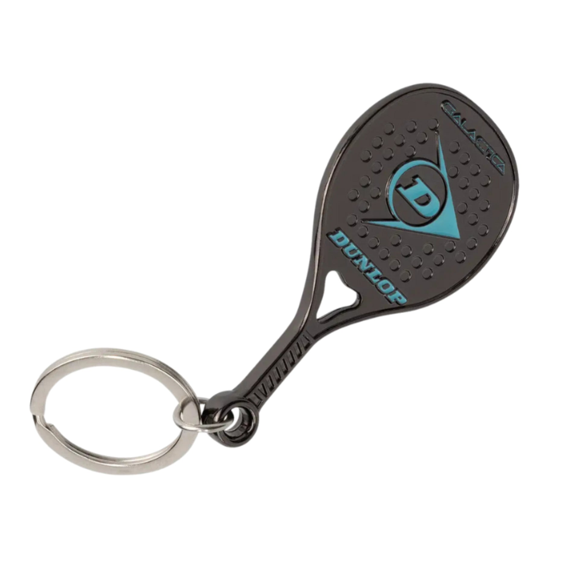 Black and blue Dunlop padel keychain on a white background