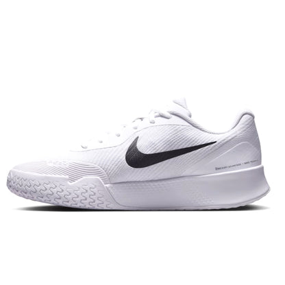 White tennis shoe with black swoosh logo on a white background