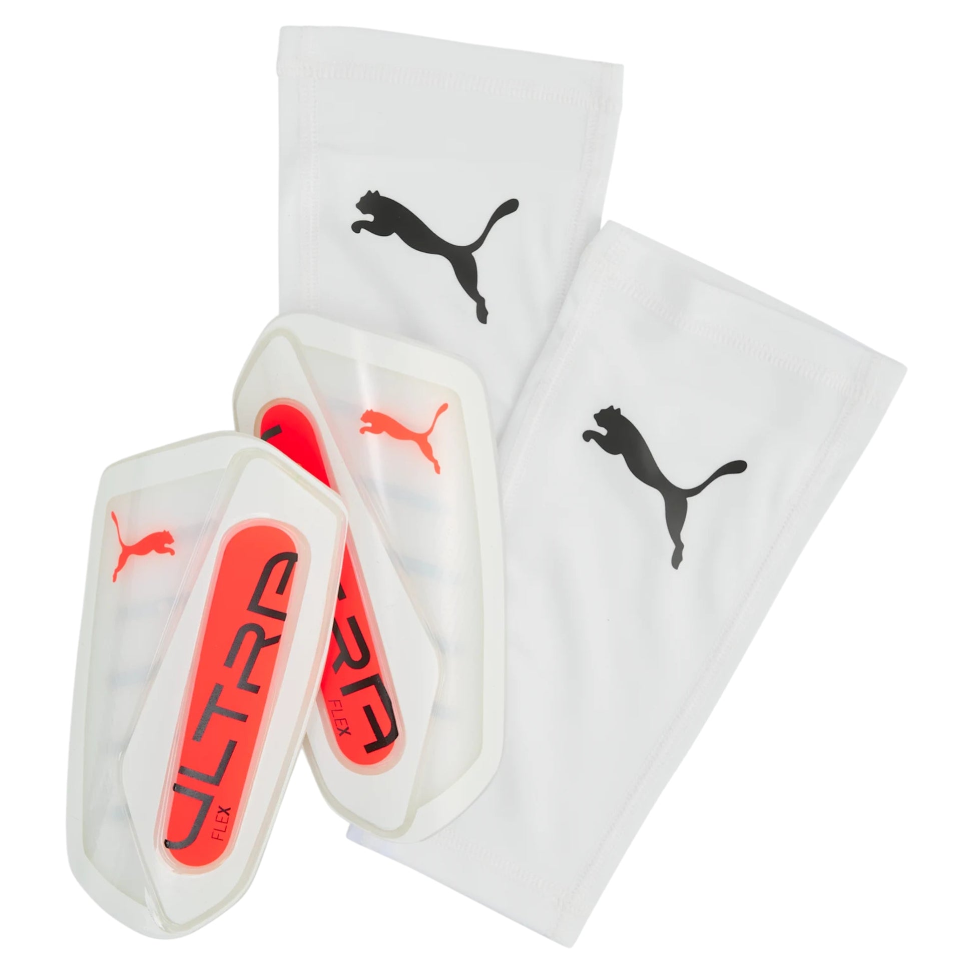 Pair of white shin guards with red 'ULTRA FLEX' branding and Puma logo on a white background