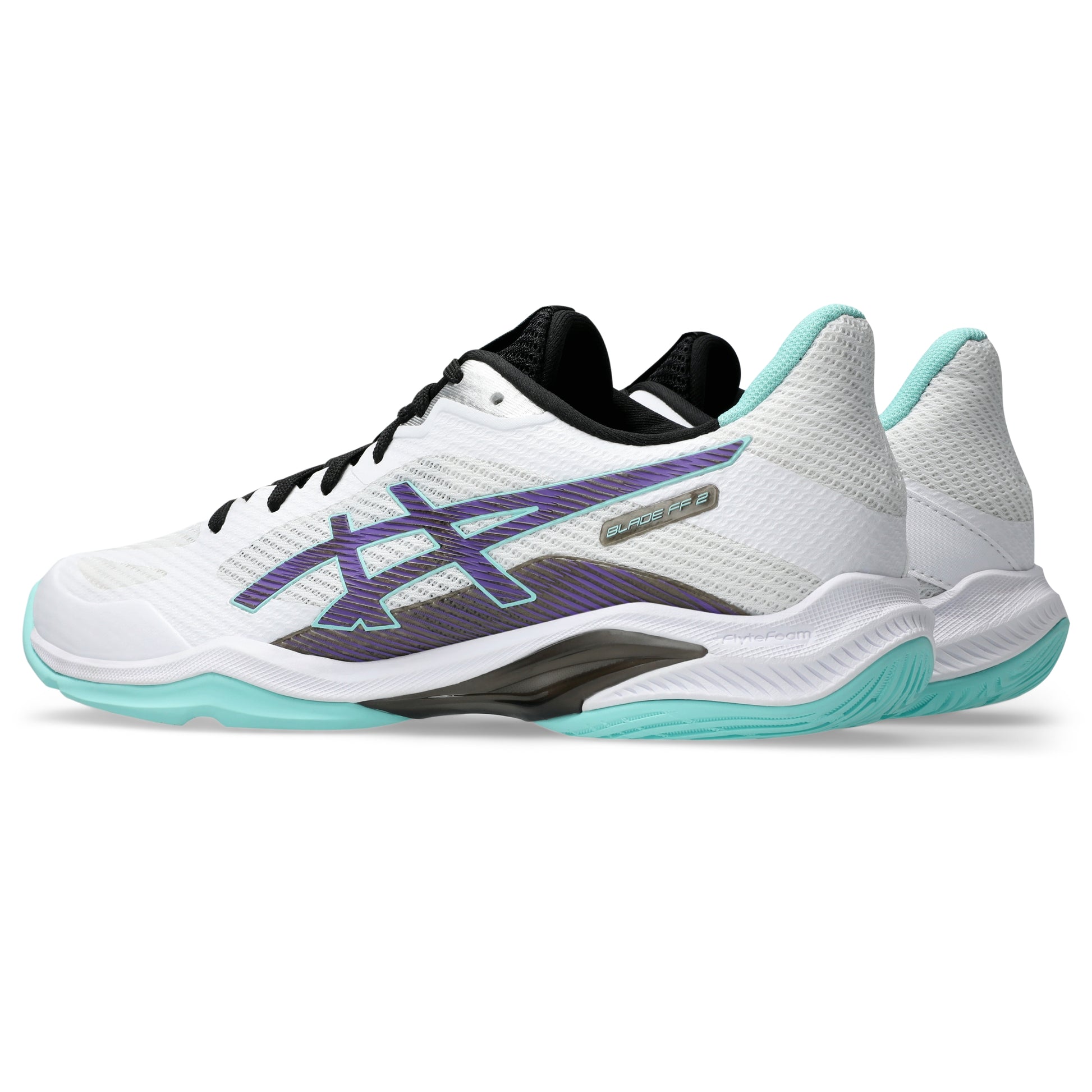A pair of Asics tennis shoes in white, black, and mint green, shown from a three-quarters angle on a white background.