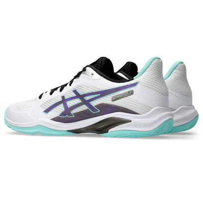 A pair of Asics tennis shoes in white, black, and mint green, shown from a three-quarters angle on a white background.