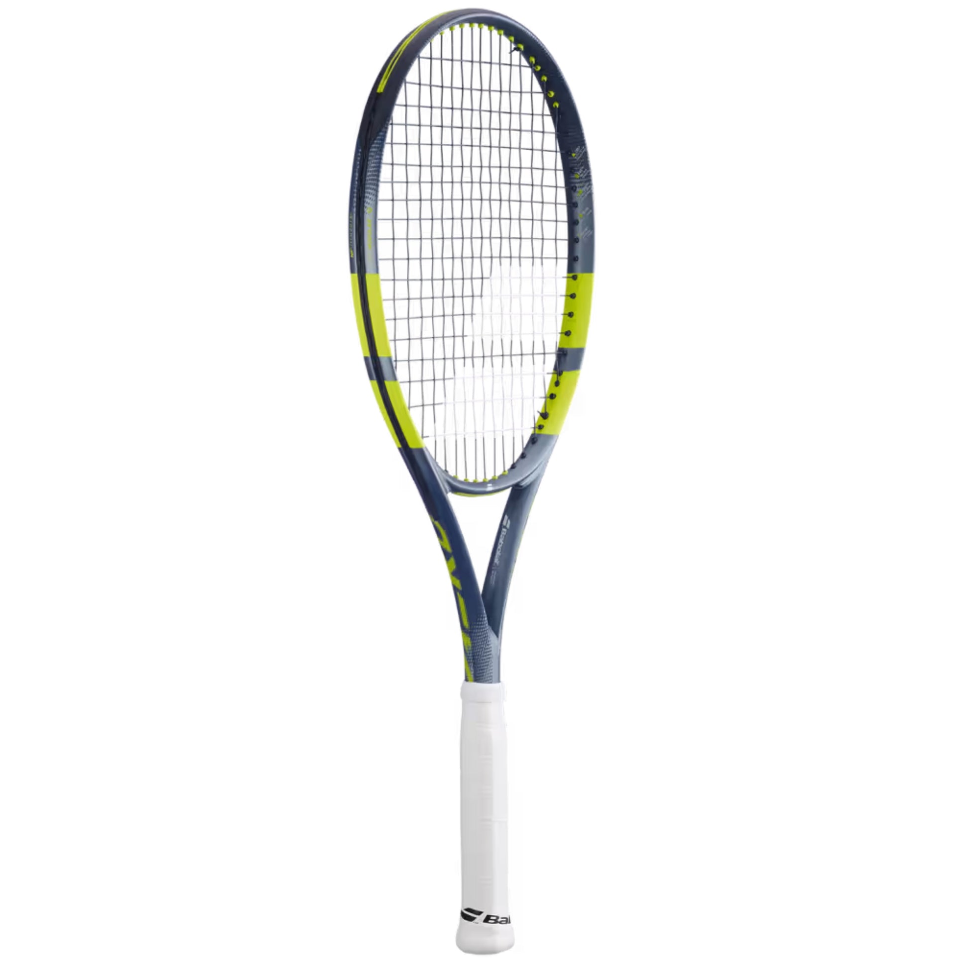 Gray tennis racket with a white handle on a white background
