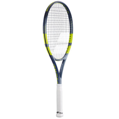 Gray tennis racket with a white handle on a white background