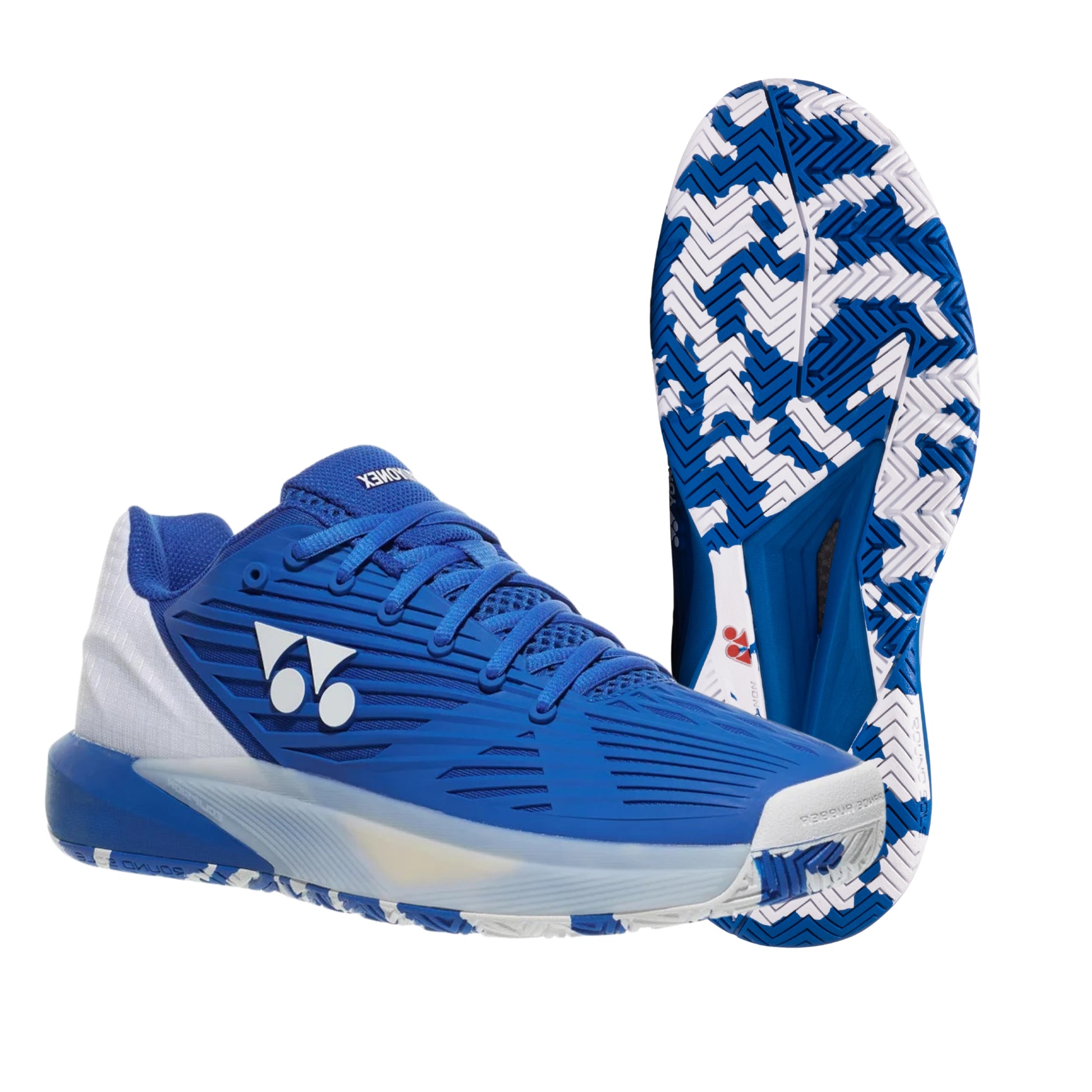 Blue Yonex tennis shoe with white sole on a white background