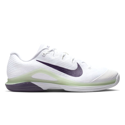 White tennis shoe with a navy swoosh logo on a white background